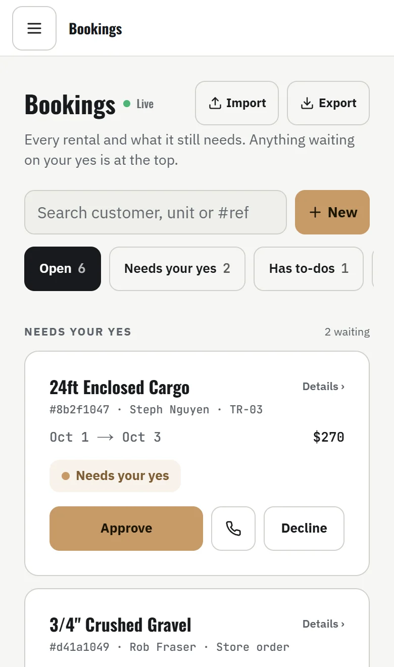 Bookings, with a signed request for an enclosed cargo trailer waiting on Approve