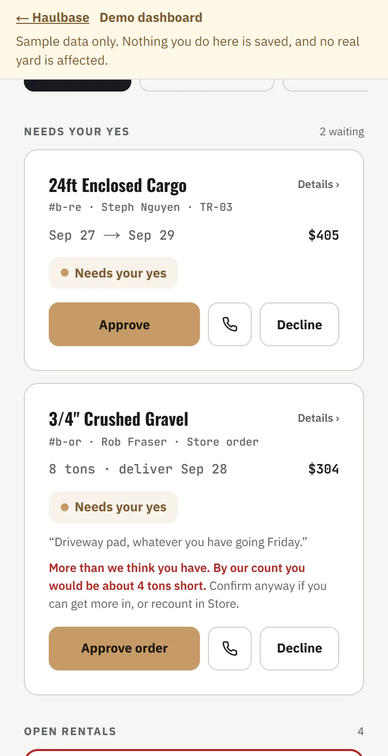 Bookings in the dashboard: a request for the cargo trailer waiting on the yard, with Approve and Decline buttons, and a store order under it.
