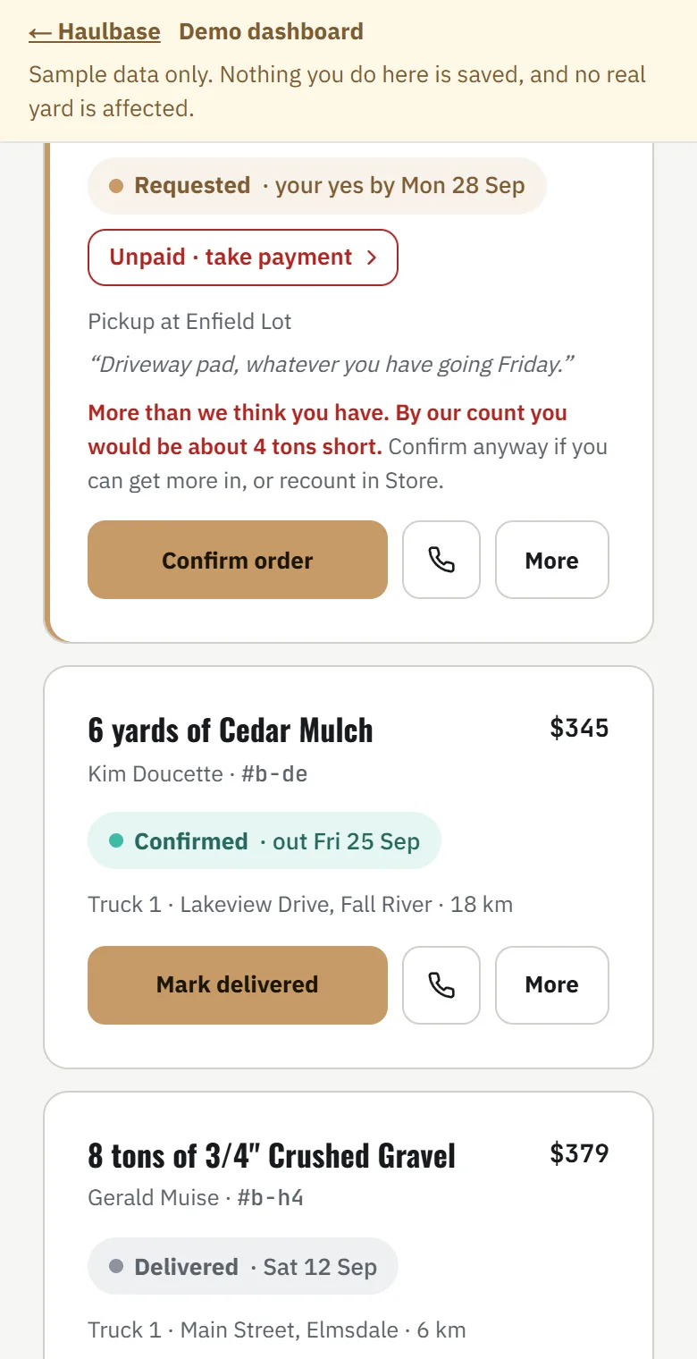 Deliveries in the dashboard: a confirmed order of 6 yards of cedar mulch on Truck 1, with its address in Fall River and a Mark delivered button.