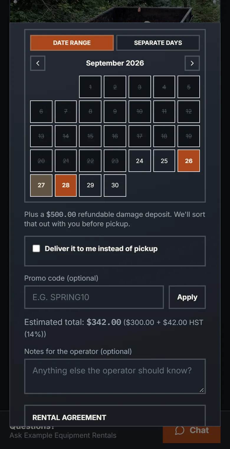 The order form with Saturday to Monday picked on the calendar, the $500.00 deposit noted, and an estimated total of $342.00, which is $300.00 plus HST.