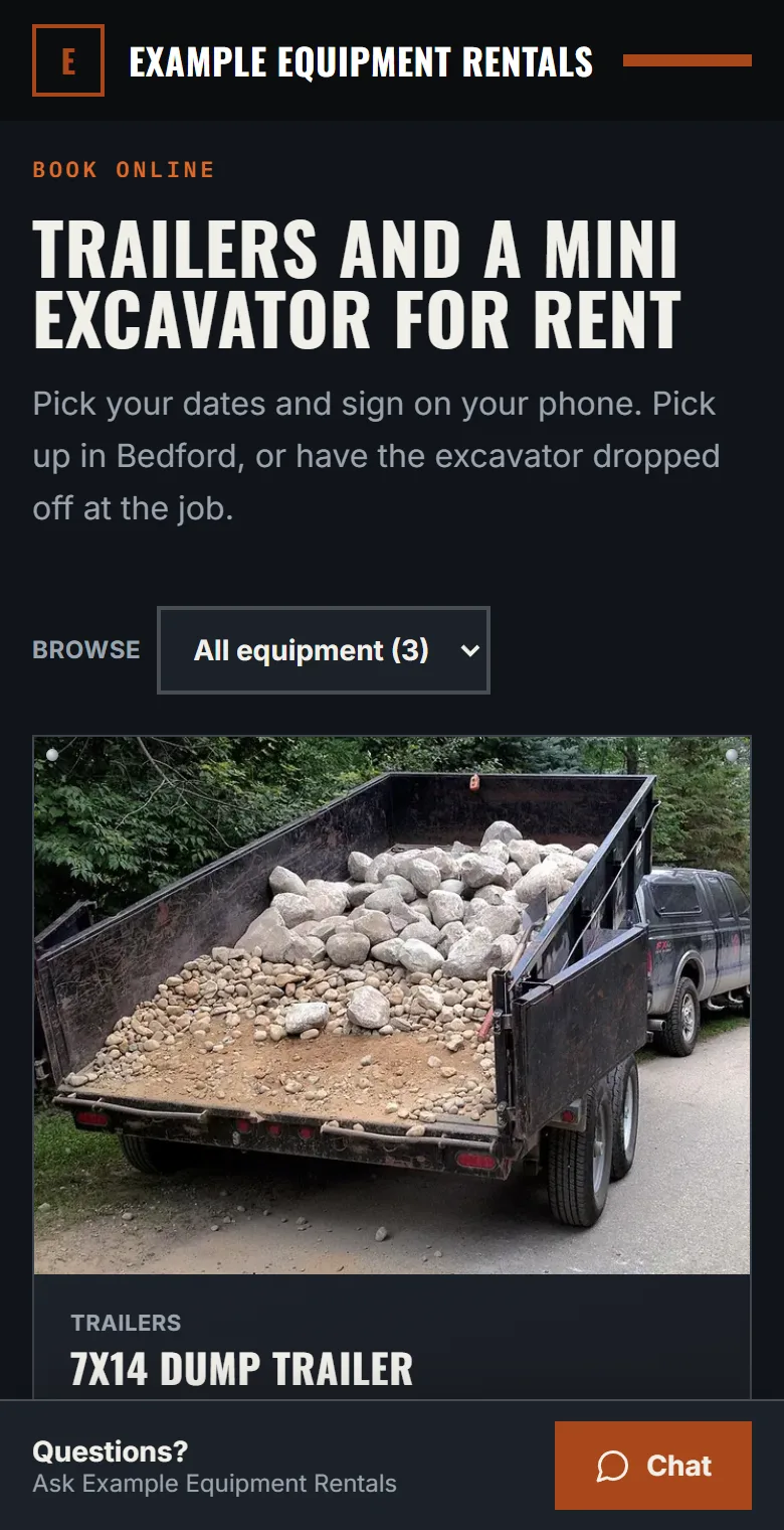 Example Equipment Rentals on a phone: a dump trailer, a utility trailer and a mini excavator, each with its photo, a day price and a Book now button.