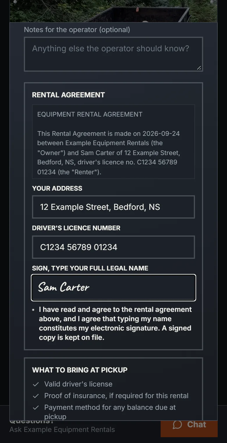 The rental agreement filling itself in with the renter's address and licence number as they type, and their full name typed in as the signature.