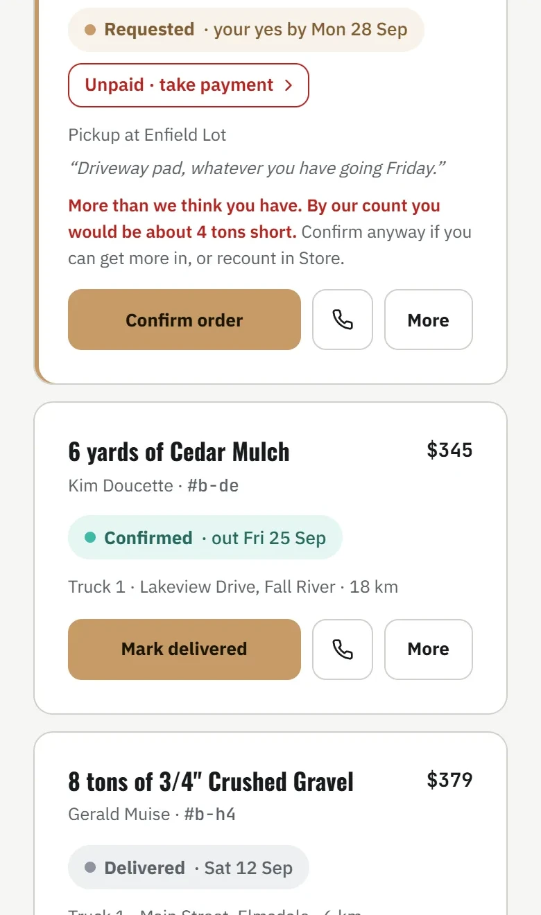 Deliveries: a mulch order confirmed on Truck 1, with its address in Fall River