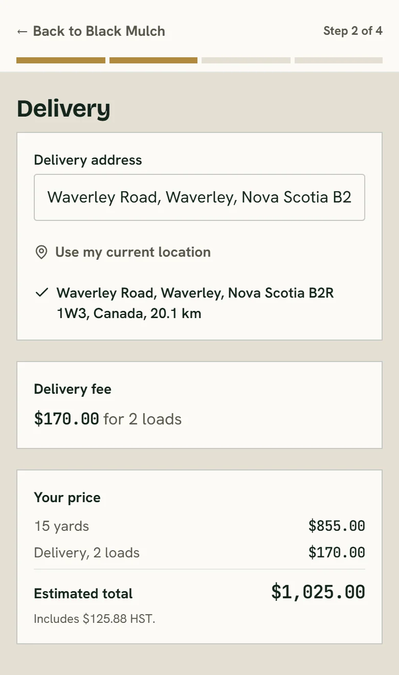 The order window on a store's booking page: 15 yards of mulch to Waverley Road, 20.1 km by road, $170.00 delivery for 2 loads and $1,025.00 estimated total